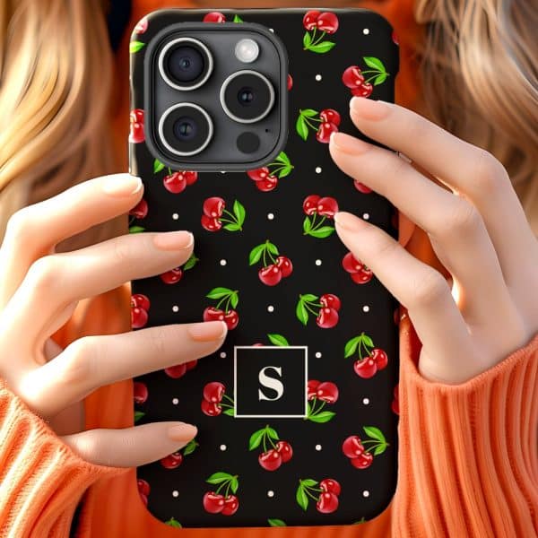 Person Holding A Black Iphone Case With A Red Cherry Pattern And A White Letter S.