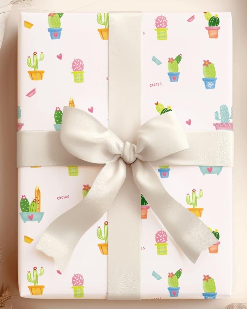 Gift wrapped in white paper with a repeating pattern of colorful cacti in pots. A large off-white bow adorns the top.