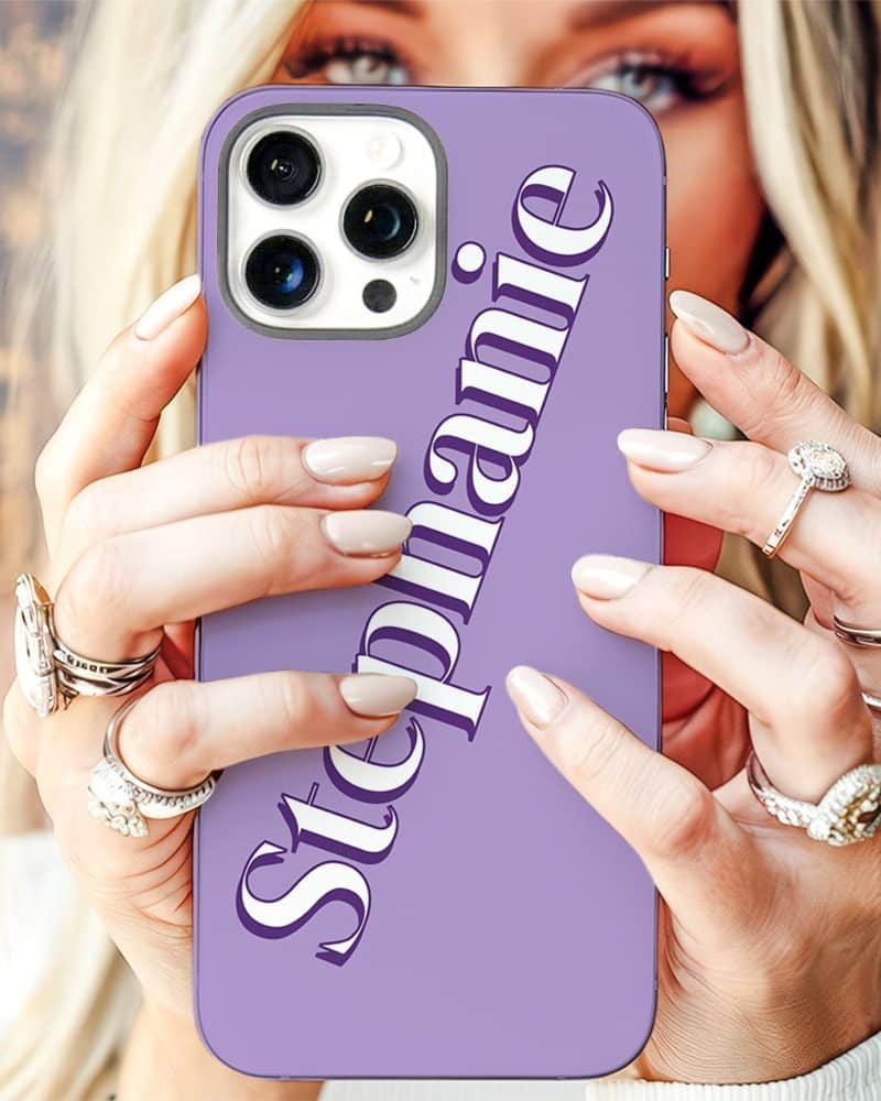 Lavender phone case with the name Stephanie printed on it.