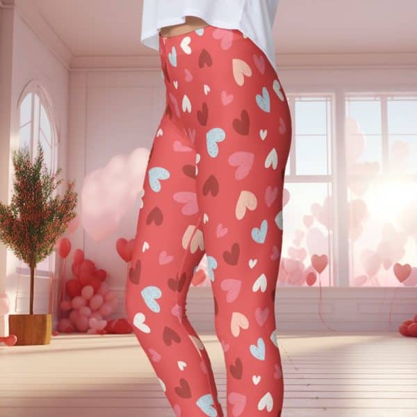 Red Leggings With A Pattern Of Multicolored Hearts.