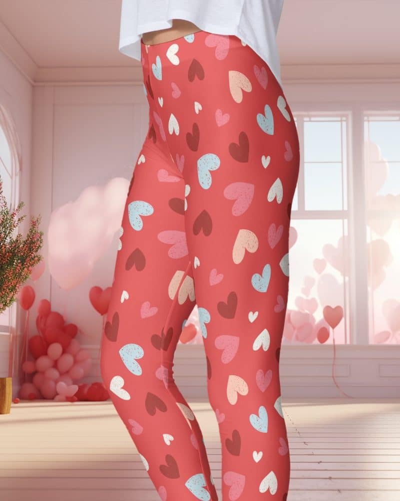 Red leggings with a pattern of multicolored hearts.