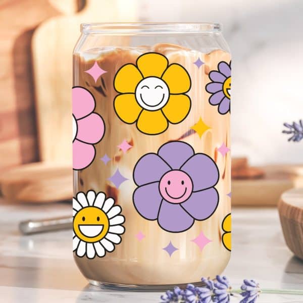 Glass Of Iced Coffee With A Cheerful Flower Pattern.