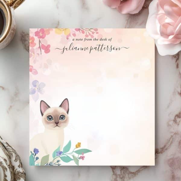 Floral Notepad Featuring A Siamese Cat.