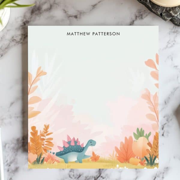 Personalized Notepad Featuring A Teal Dinosaur In A Pastel Landscape.
