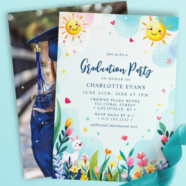 Graduation Party Invitation For Charlotte Evans, Featuring A Photo Of The Graduate And A Whimsical Floral Design With Happy Suns.