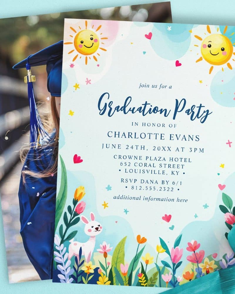 Graduation party invitation for Charlotte Evans, featuring a photo of the graduate and a whimsical floral design with happy suns.