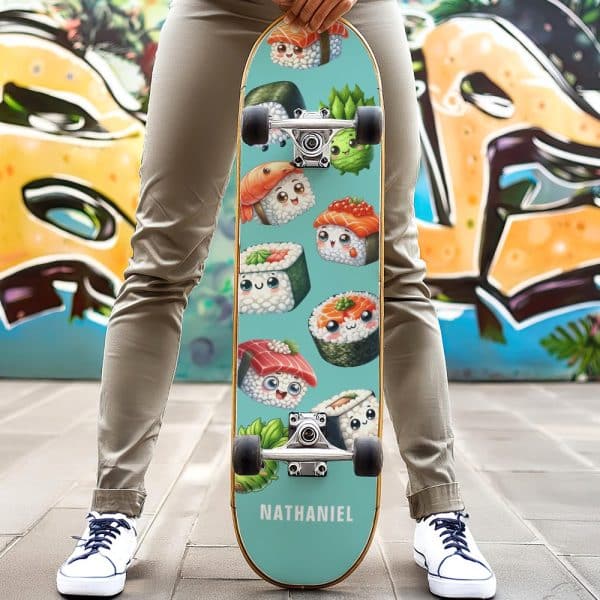 Person Holding A Teal Skateboard Decorated With Cute Cartoon Sushi.