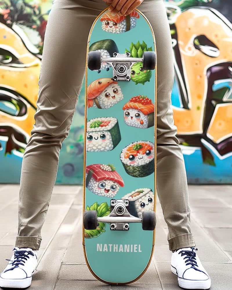 Person holding a teal skateboard decorated with cute cartoon sushi.