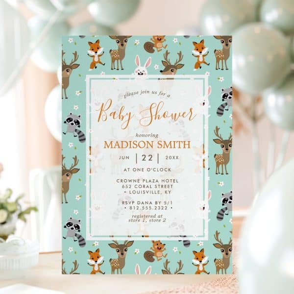 Baby Shower Invitation For Madison Smith, Featuring A Light Teal Background With A Repeating Pattern Of Cute Woodland Animals.