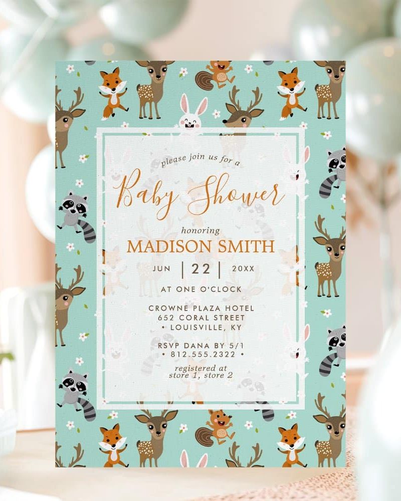 Baby shower invitation for Madison Smith, featuring a light teal background with a repeating pattern of cute woodland animals.