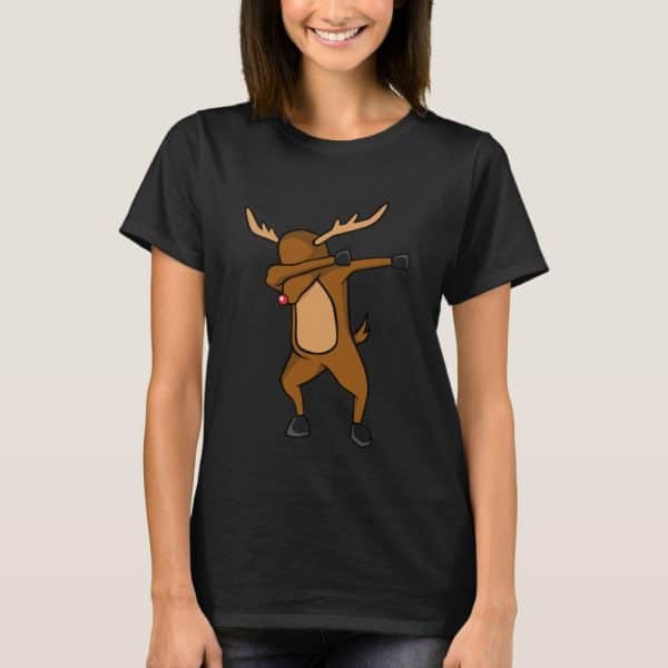 Woman Wearing A Black T-Shirt Featuring A Dabbing Reindeer.