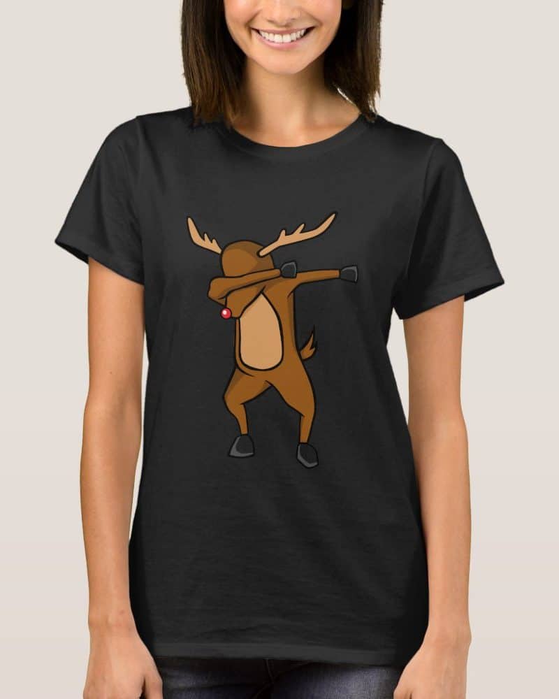 Woman wearing a black t-shirt featuring a dabbing reindeer.