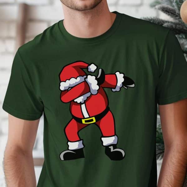 Dark Green T-Shirt Featuring A Cartoon Santa Claus Dabbing.
