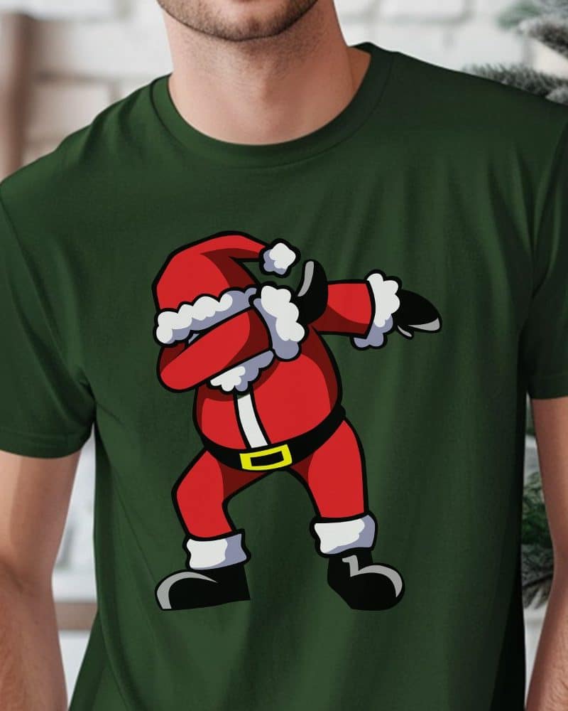 Dark green t-shirt featuring a cartoon Santa Claus dabbing.