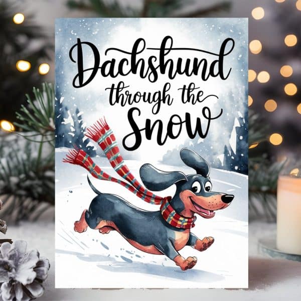 A Happy Dachshund Wearing A Red And Green Scarf Runs Through The Snow.