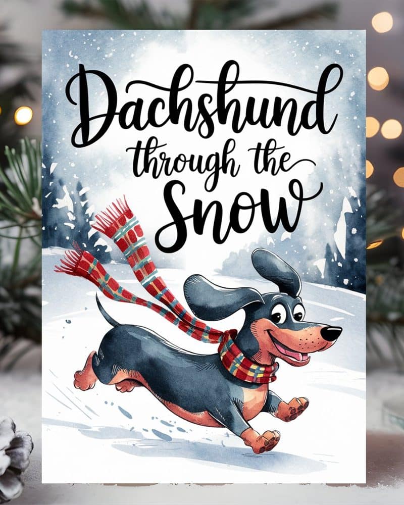 A happy dachshund wearing a red and green scarf runs through the snow.