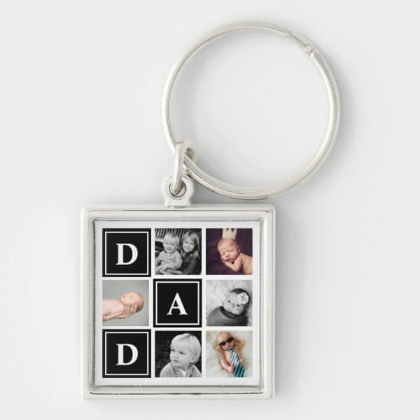 Silver Keychain With A Square Photo Insert Showing A Collage Of Children'S Photos And The Letters Dad.