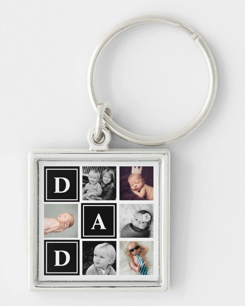 Silver keychain with a square photo insert showing a collage of children's photos and the letters DAD.