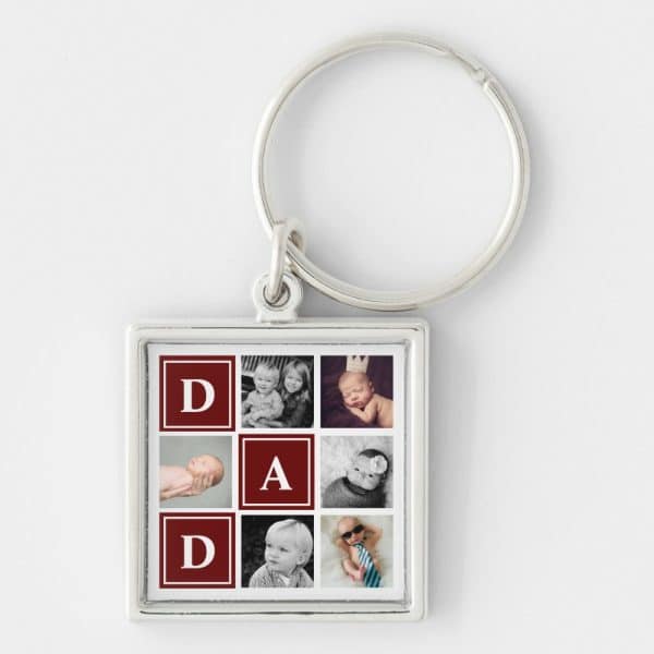Silver Keychain With A Square Photo Insert Showing A Collage Of Children'S Photos And The Letters D A D.