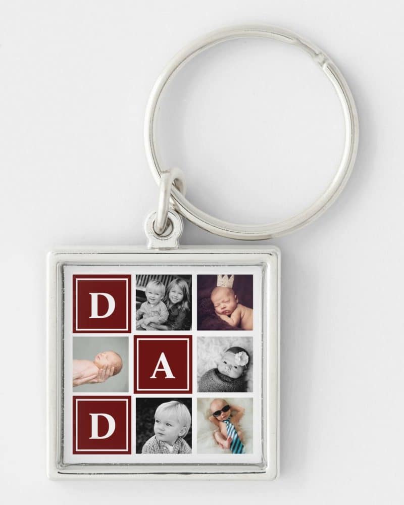 Silver keychain with a square photo insert showing a collage of children's photos and the letters D A D.