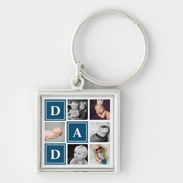 Silver Keychain With A Square Photo Insert Showing A Collage Of Children'S Photos And The Letters D-A-D.