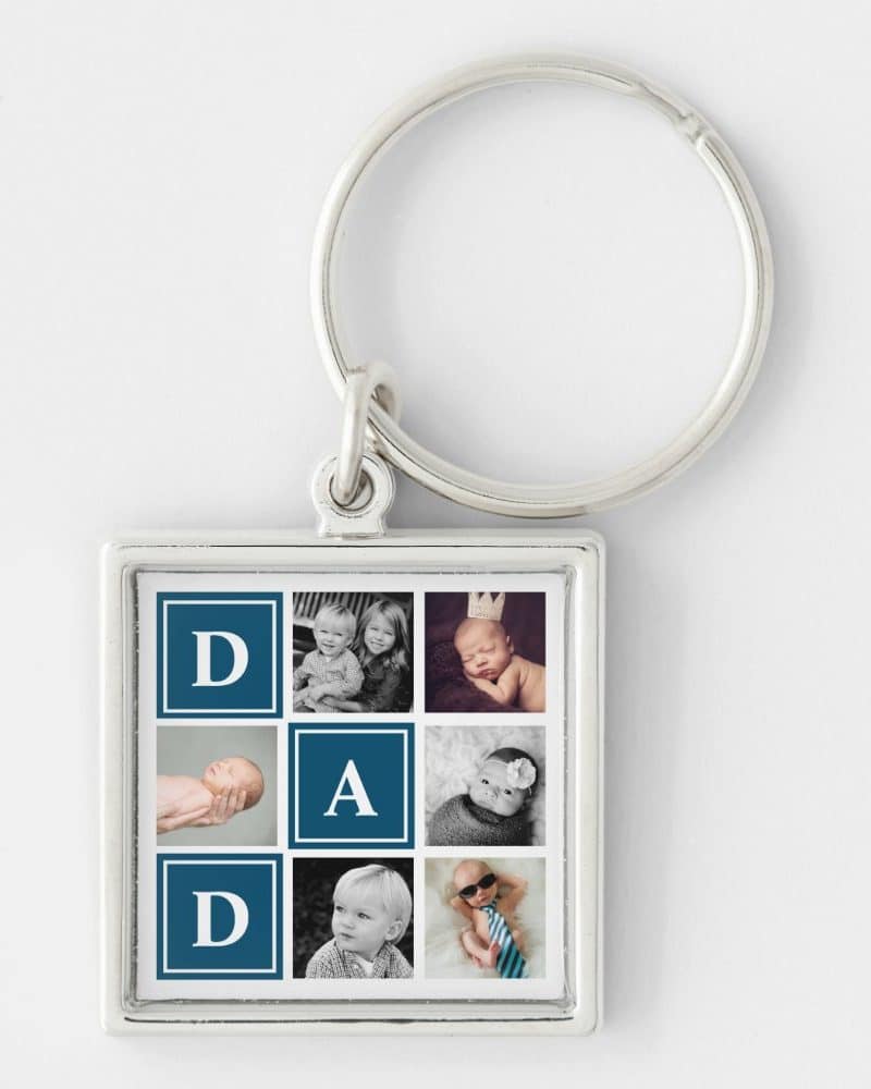 Silver keychain with a square photo insert showing a collage of children's photos and the letters D-A-D.