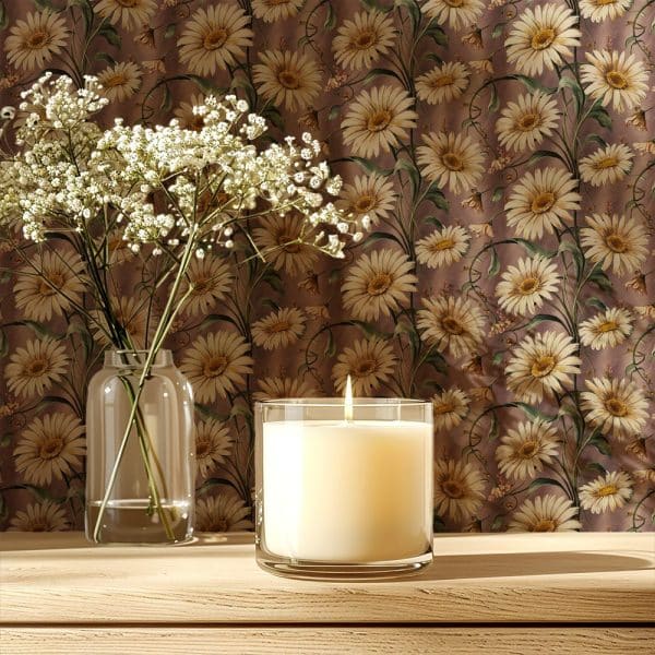 A Lit Candle In A Clear Glass Jar Sits On A Wooden Surface In Front Of A Floral Background. A Small Vase Of Baby'S Breath Is Next To It.