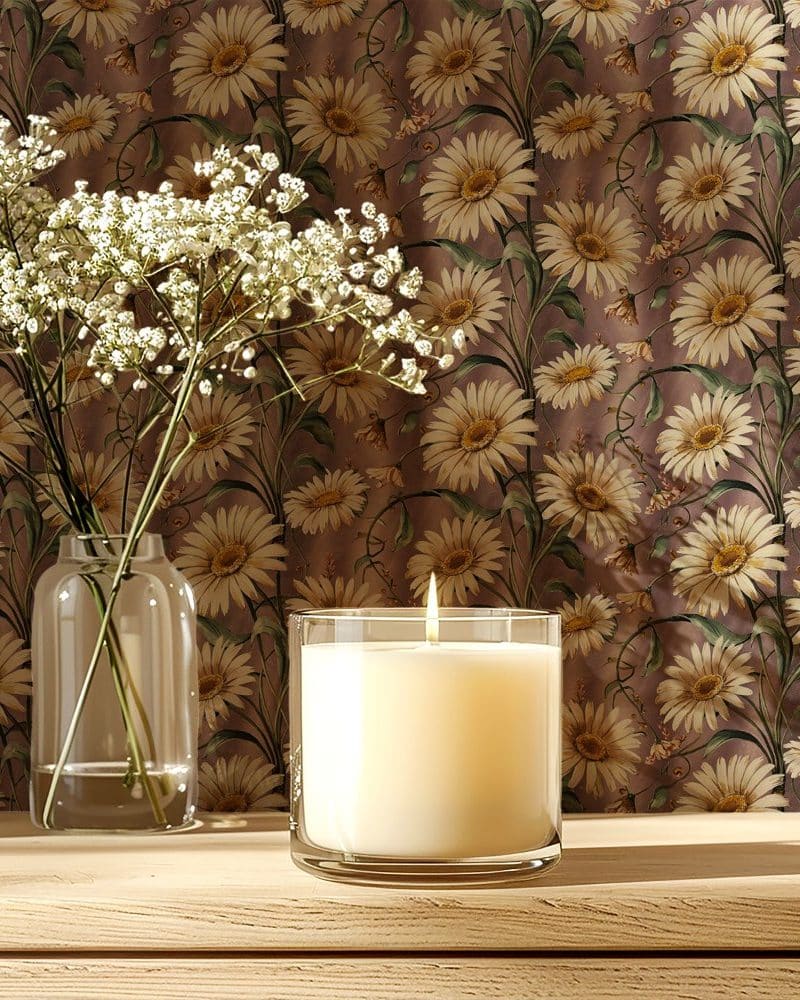 A lit candle in a clear glass jar sits on a wooden surface in front of a floral background. A small vase of baby's breath is next to it.