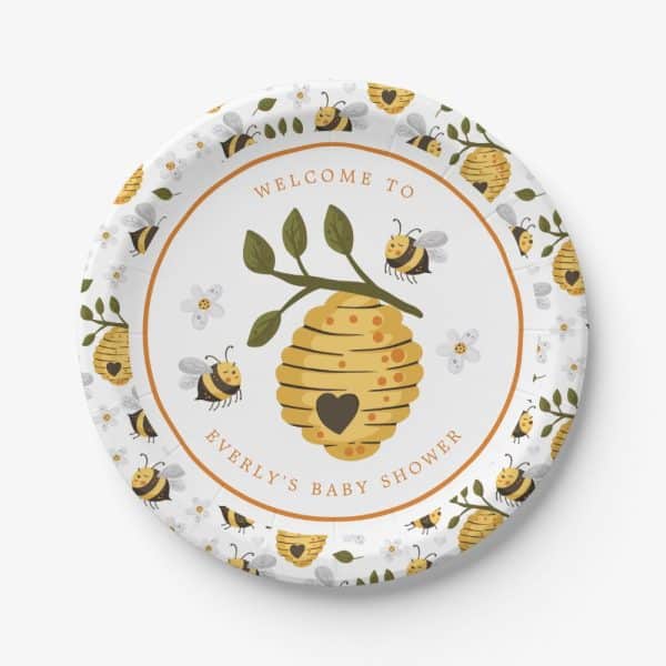 Paper Plate Featuring A Beehive With Bees And Flowers; Text Reads Welcome To Everly'S Baby Shower.