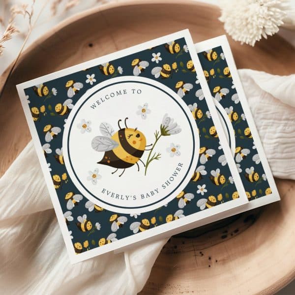 Baby Shower Invitation Featuring A Cute Cartoon Bee With A Flower.