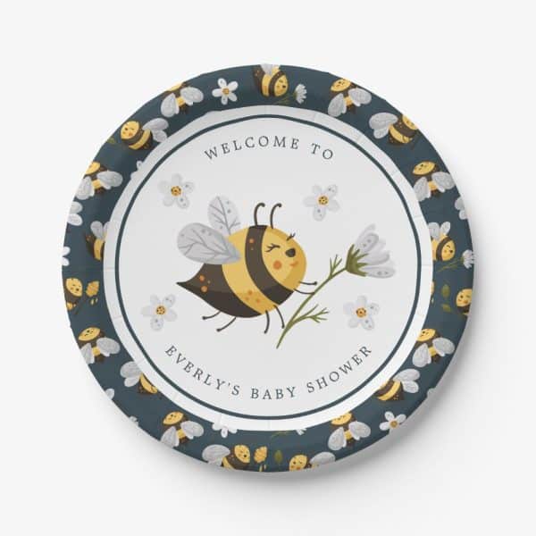 Baby Shower Paper Plate Featuring A Cartoon Bee And Flowers; Text Reads Welcome To Everly'S Baby Shower.