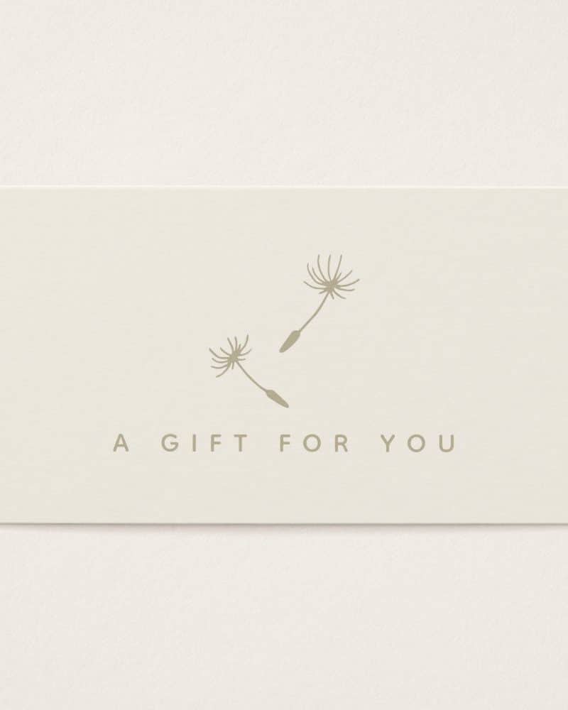 Beige gift card with two stylized dandelion seed heads and the text A GIFT FOR YOU.
