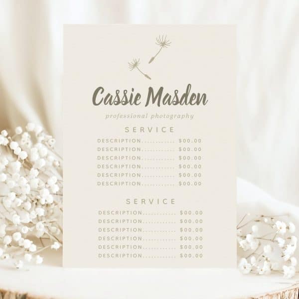 Cassie Masden Professional Photography Price List.