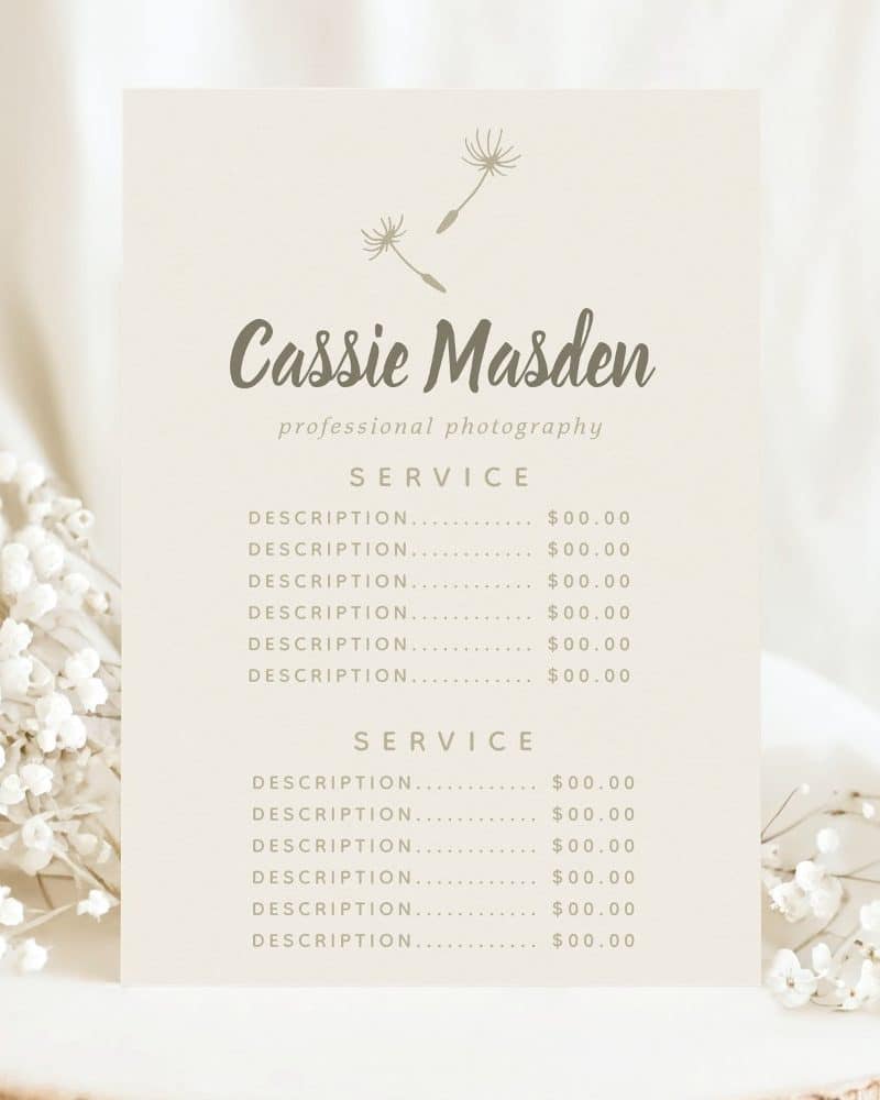 Cassie Masden professional photography price list.