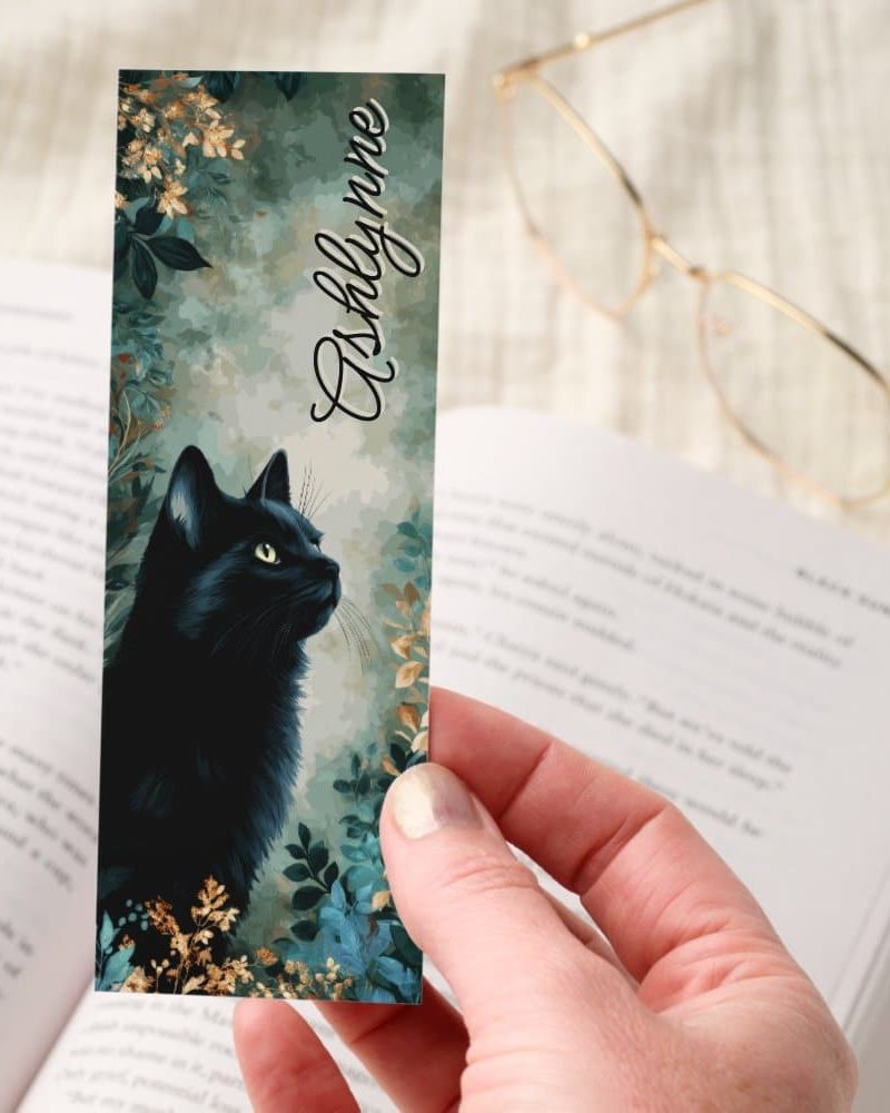 Dark Academia Black Cat Floral Personalized Bookmarks