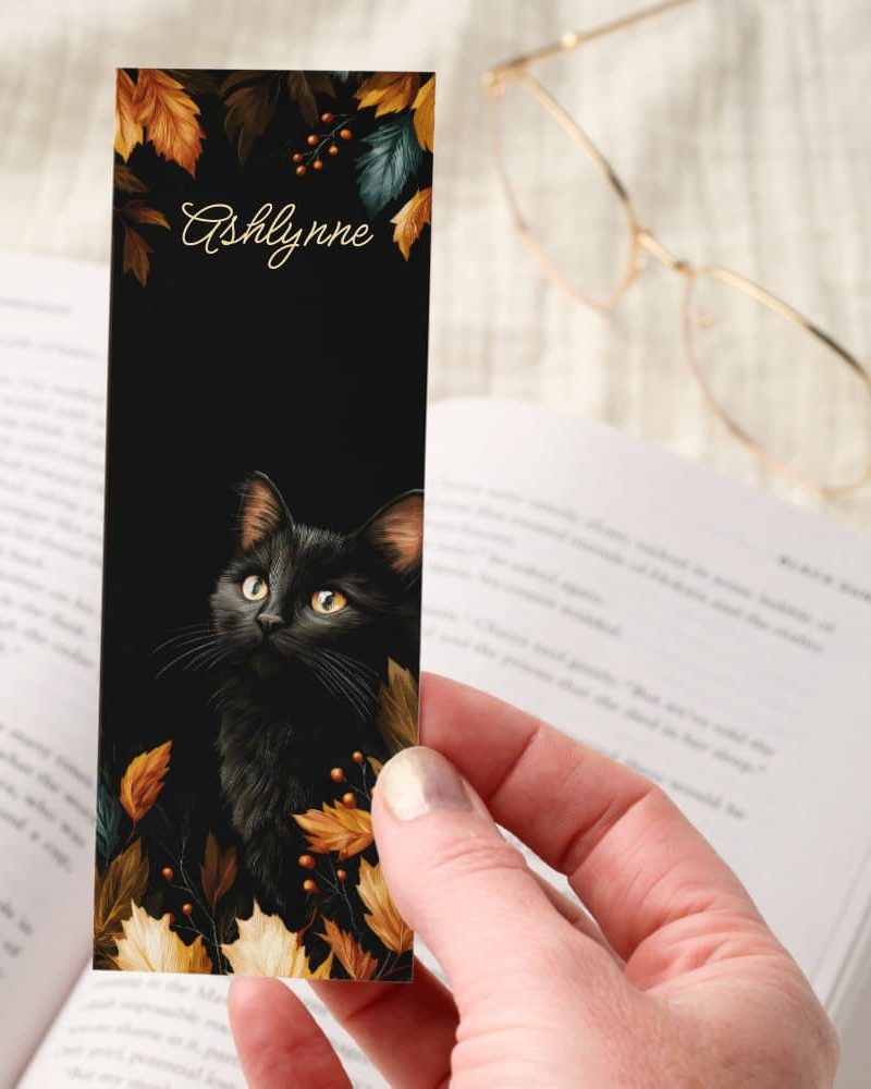 Dark Academia Black Cat Leaves Personalized Bookmarks
