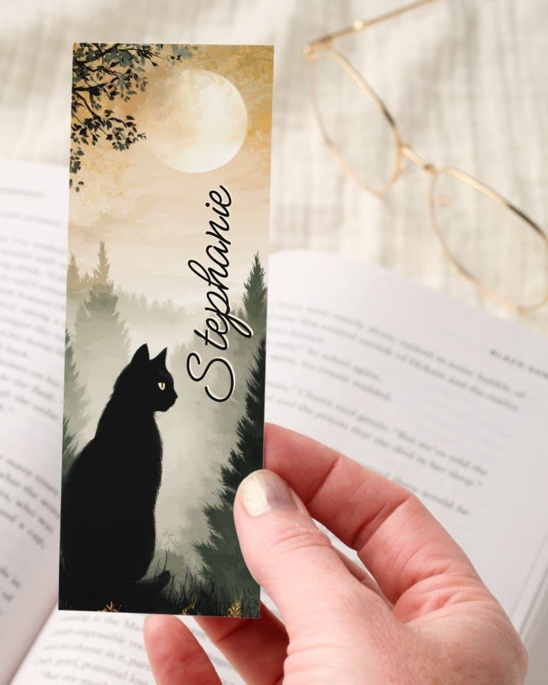 Dark Academia Black Cat Moonlit Personalized Bookmarks