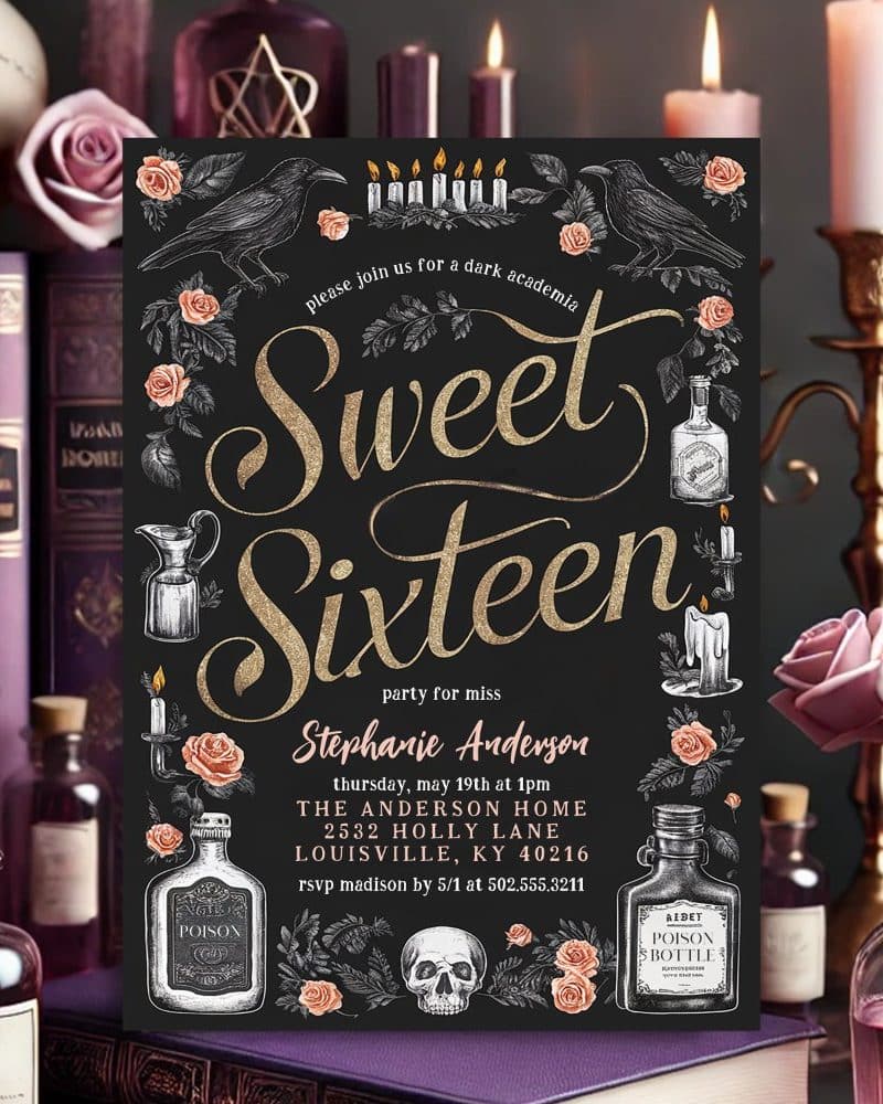 Dark academia-themed Sweet Sixteen invitation for Stephanie Anderson, featuring gold lettering, roses, ravens, and potion bottles.