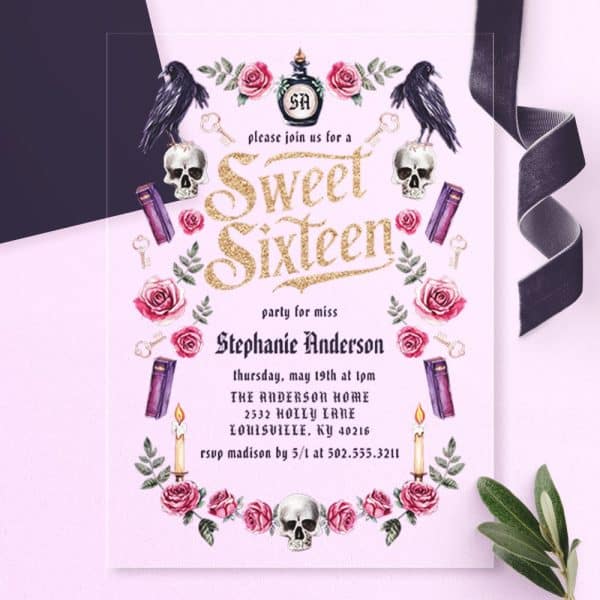 Sweet Sixteen Invitation Featuring Gold Lettering, Skulls, Ravens, Roses, And Other Gothic-Style Elements.