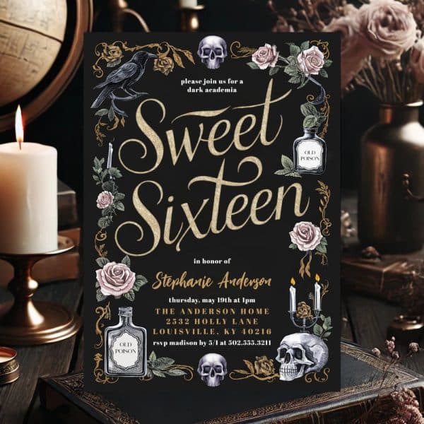 Black And Gold Sweet Sixteen Invitation With Dark Academia Theme; Features Roses, Skulls, Ravens, And Potion Bottles.