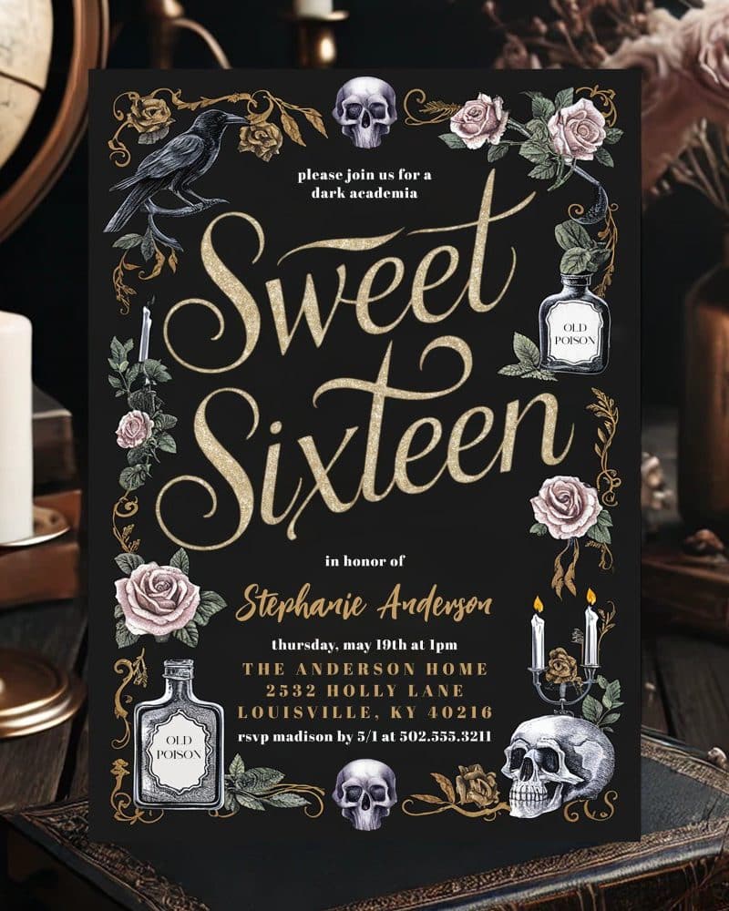 Black and gold Sweet Sixteen invitation with dark academia theme; features roses, skulls, ravens, and potion bottles.