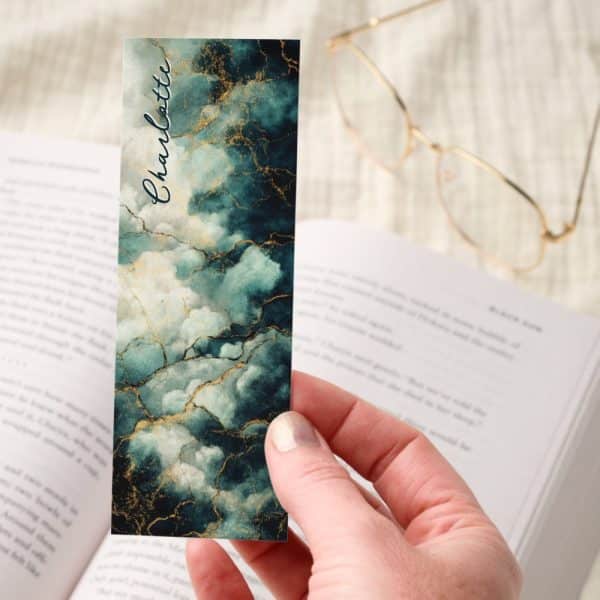 Dark Academia Teal Marble Gold Personalized Bookmarks