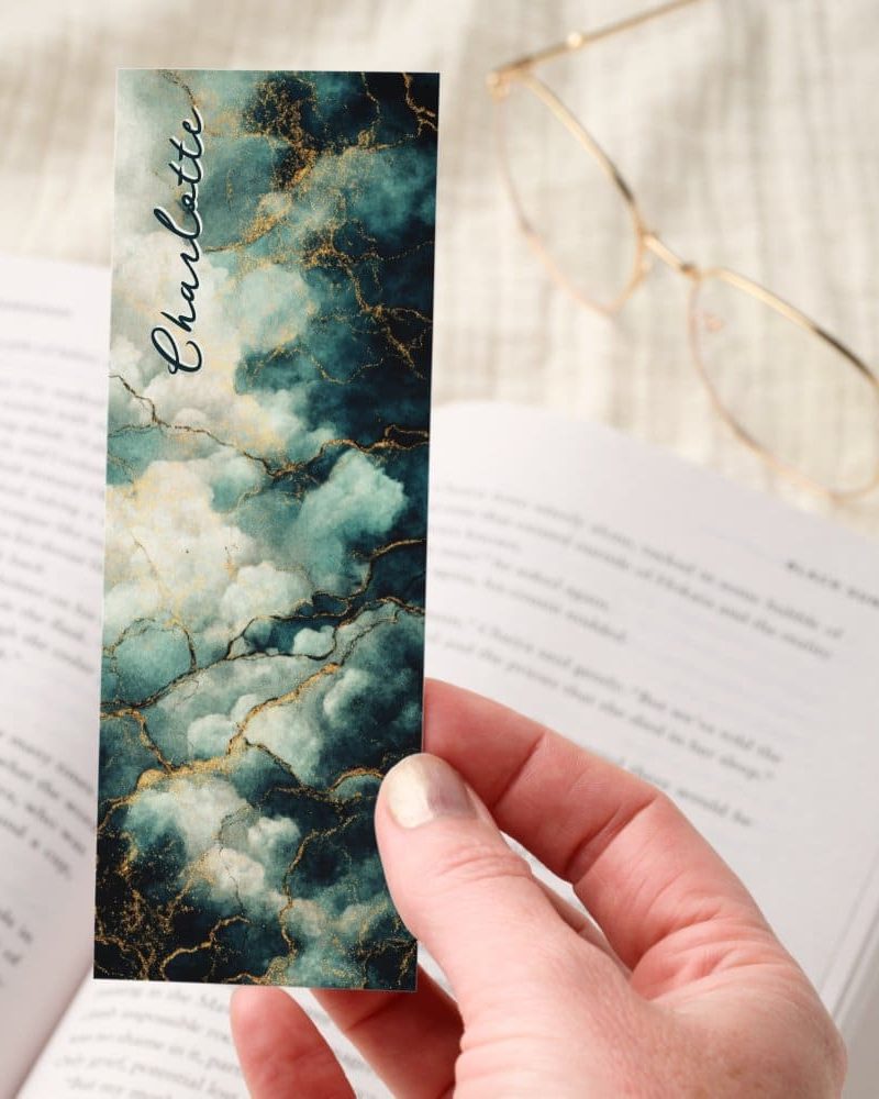 Dark Academia Teal Marble Gold Personalized Bookmarks