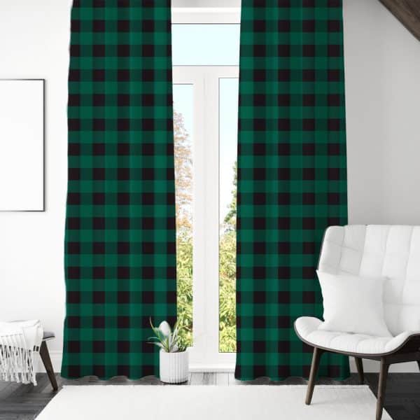 Green And Black Buffalo Plaid Curtains Hanging In A Window.