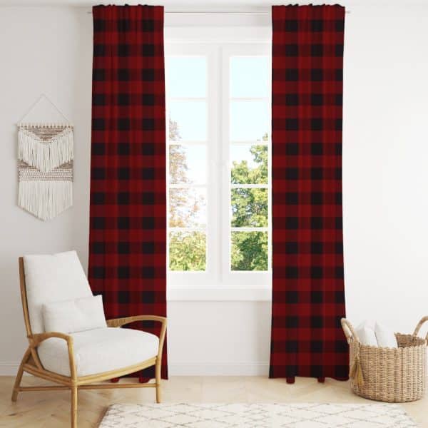 Red And Black Buffalo Plaid Curtains Hanging In A Window.