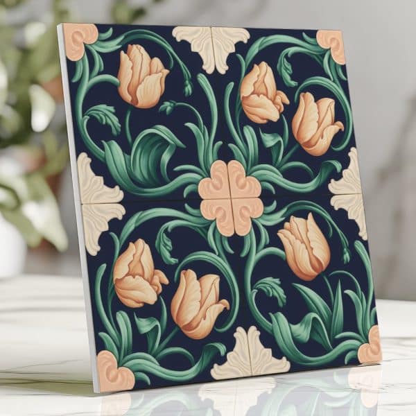 Tile Featuring A Dark Blue Background With An Ornate Design Of Peach Tulips And Teal Leaves.