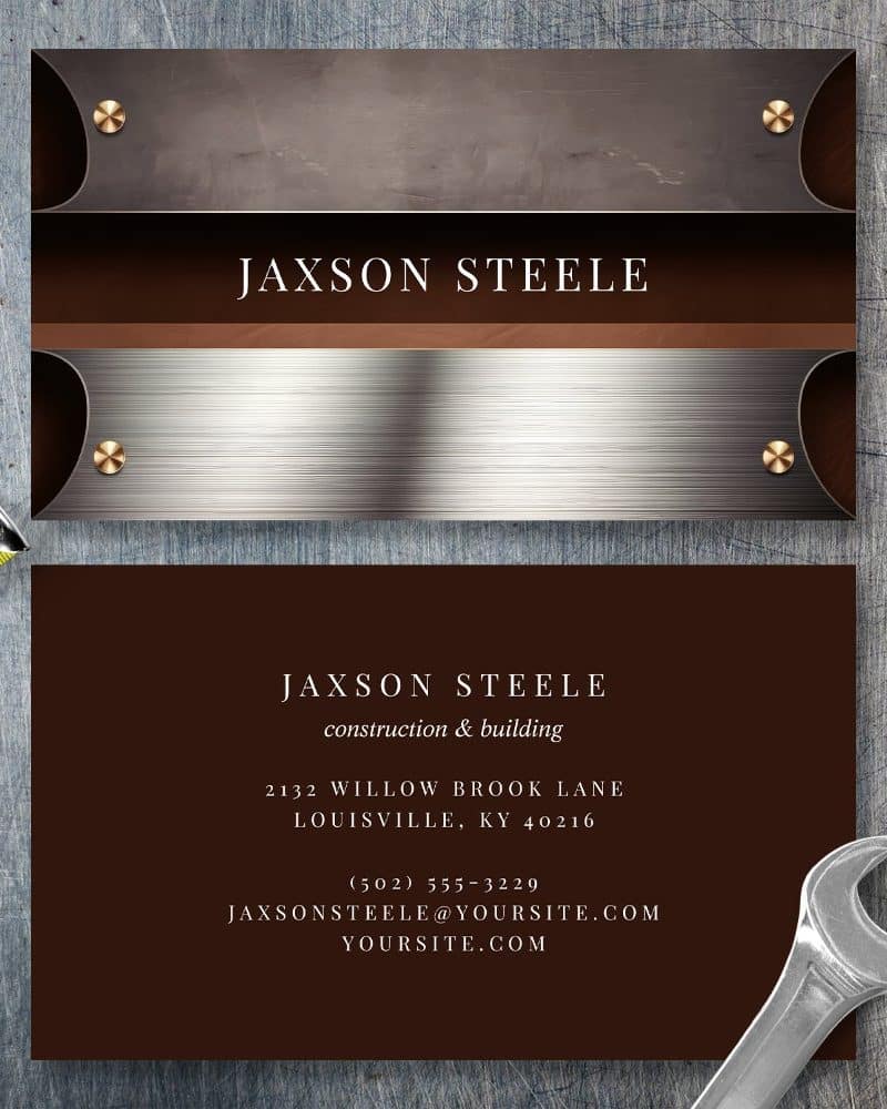 Business card for Jaxson Steele, construction and building. The card features a metallic design.