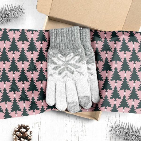 Pair Of Gray And White Knit Gloves With Snowflake Pattern, In A Gift Box.