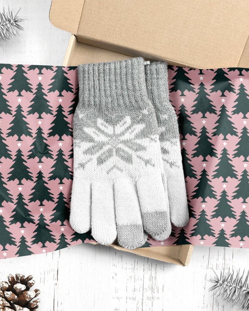 Pair of gray and white knit gloves with snowflake pattern, in a gift box.