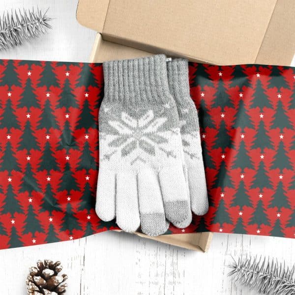 Pair Of Gray And White Knit Gloves With Snowflake Pattern In A Gift Box.